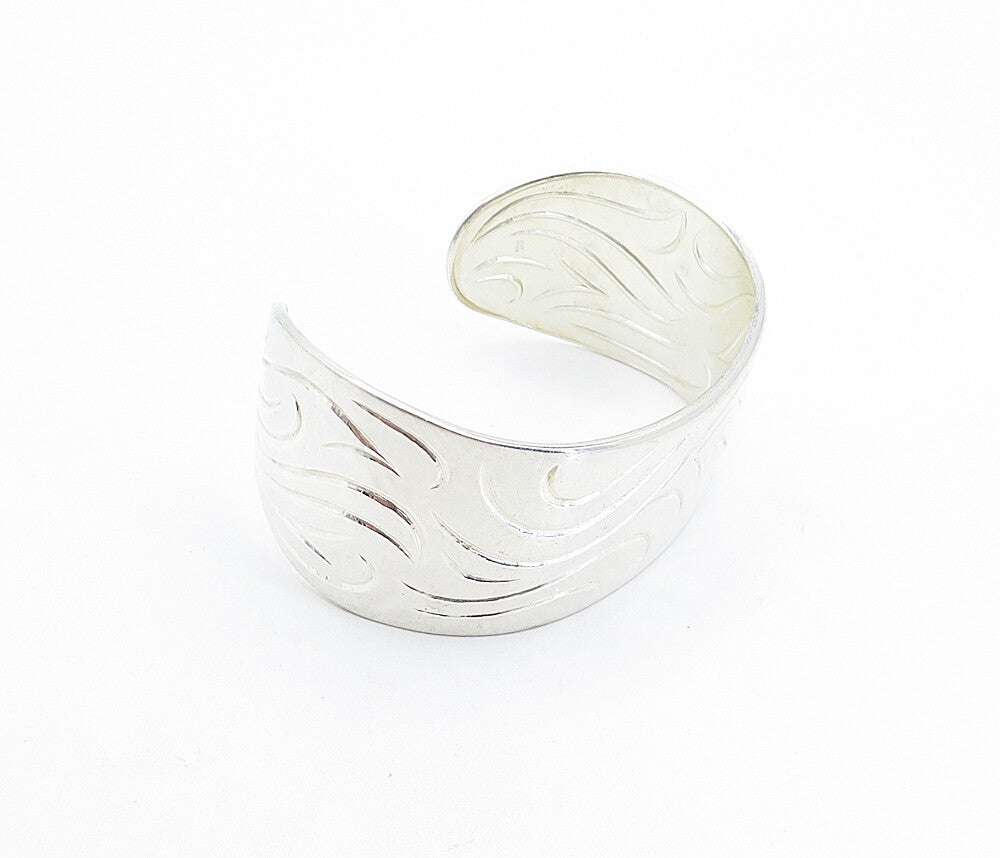 DESIGNER 925 Sterling Silver  Shiny Swirl Etched Pattern Cuff Bracelet  BT3055