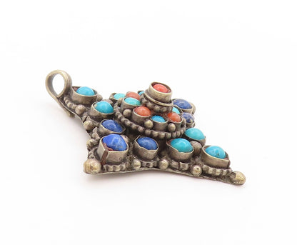 925 Sterling Silver Vintage Pendant Turquoise Lapis Lazuli Carnelian  PT24166