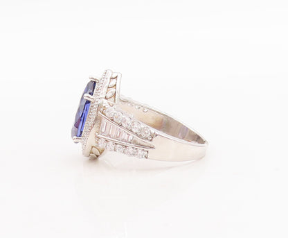 925 Sterling Silver Vintage Ring Drop Cut Sapphire Halo CZ Inlay  Sz 7  RG29025