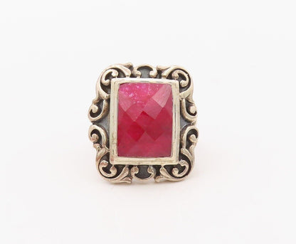 925 Sterling Silver Vintage Ring Red Gemstone Swirly Carved Frame Sz 8  RG30280
