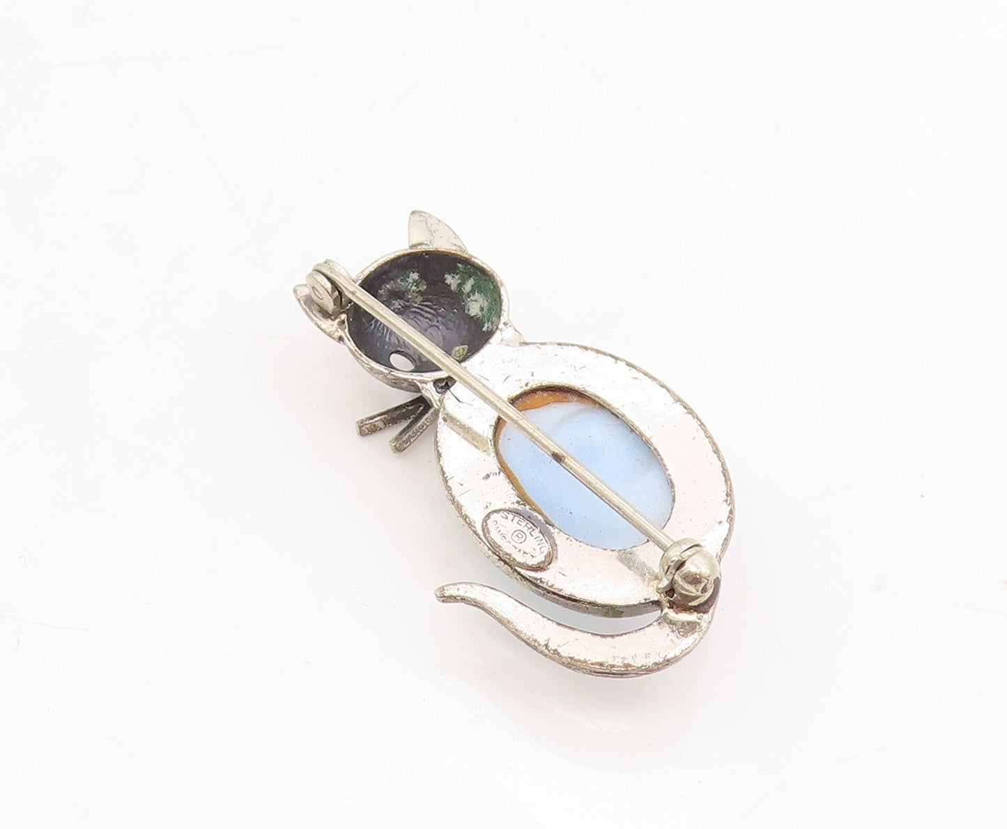 925 Sterling Silver Vintage Brooch Pin DANECRAFT Cat's Eye Inlay Cat  BP11461