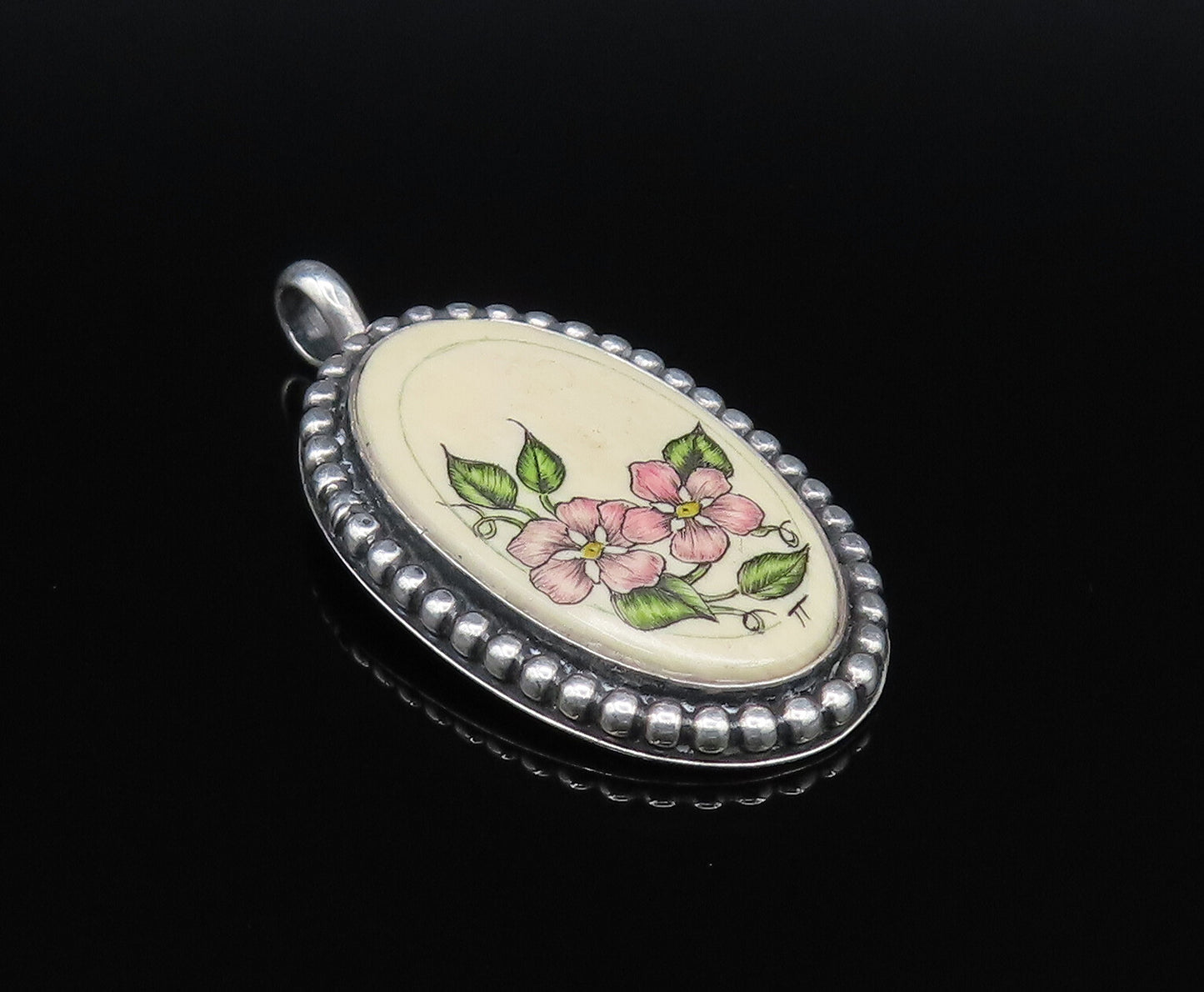 NAVAJO 925 Silver  Vintage Beaded Edge Floral Enamel Art Drop Pendant  PT21527