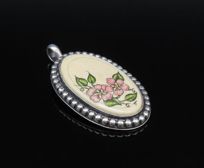 NAVAJO 925 Silver  Vintage Beaded Edge Floral Enamel Art Drop Pendant  PT21527