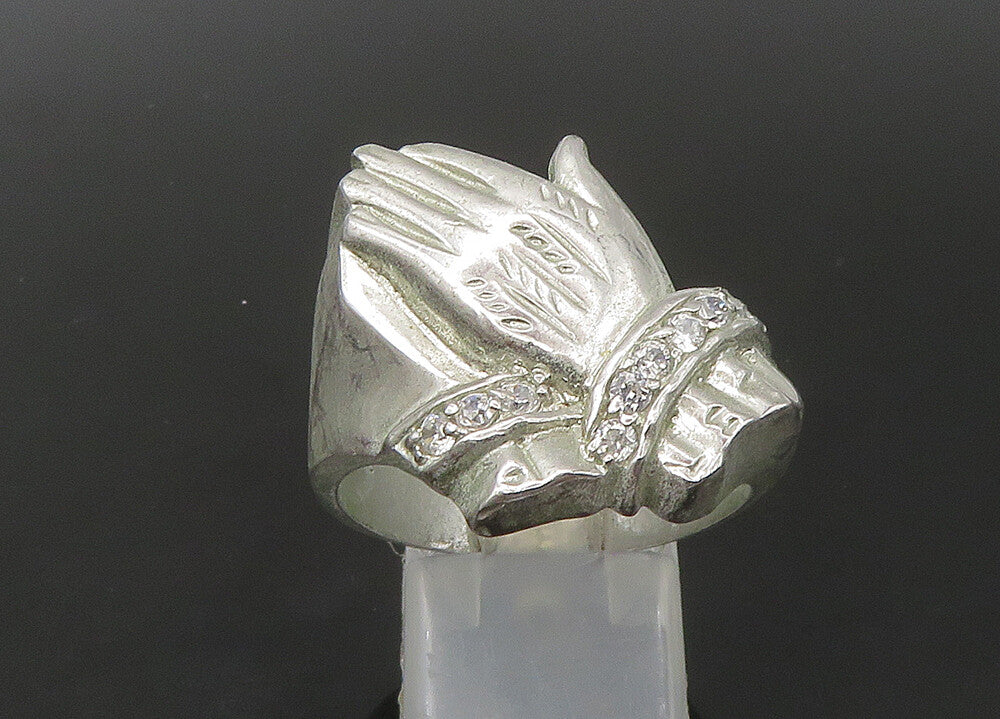 925 Sterling Silver  Vintage Topaz Prayer Hands Large Band Ring Sz 12  RG22431