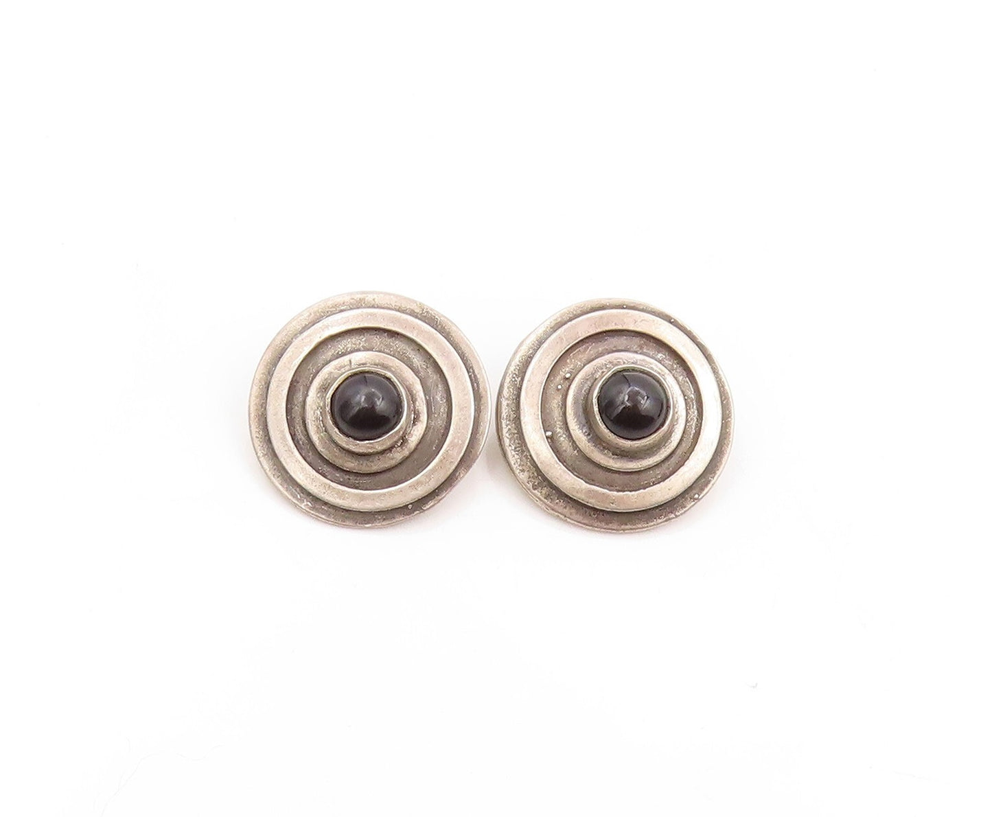 925 Sterling Silver Vintage Earrings Cabochon Onyx Carved Rings Design EG13347