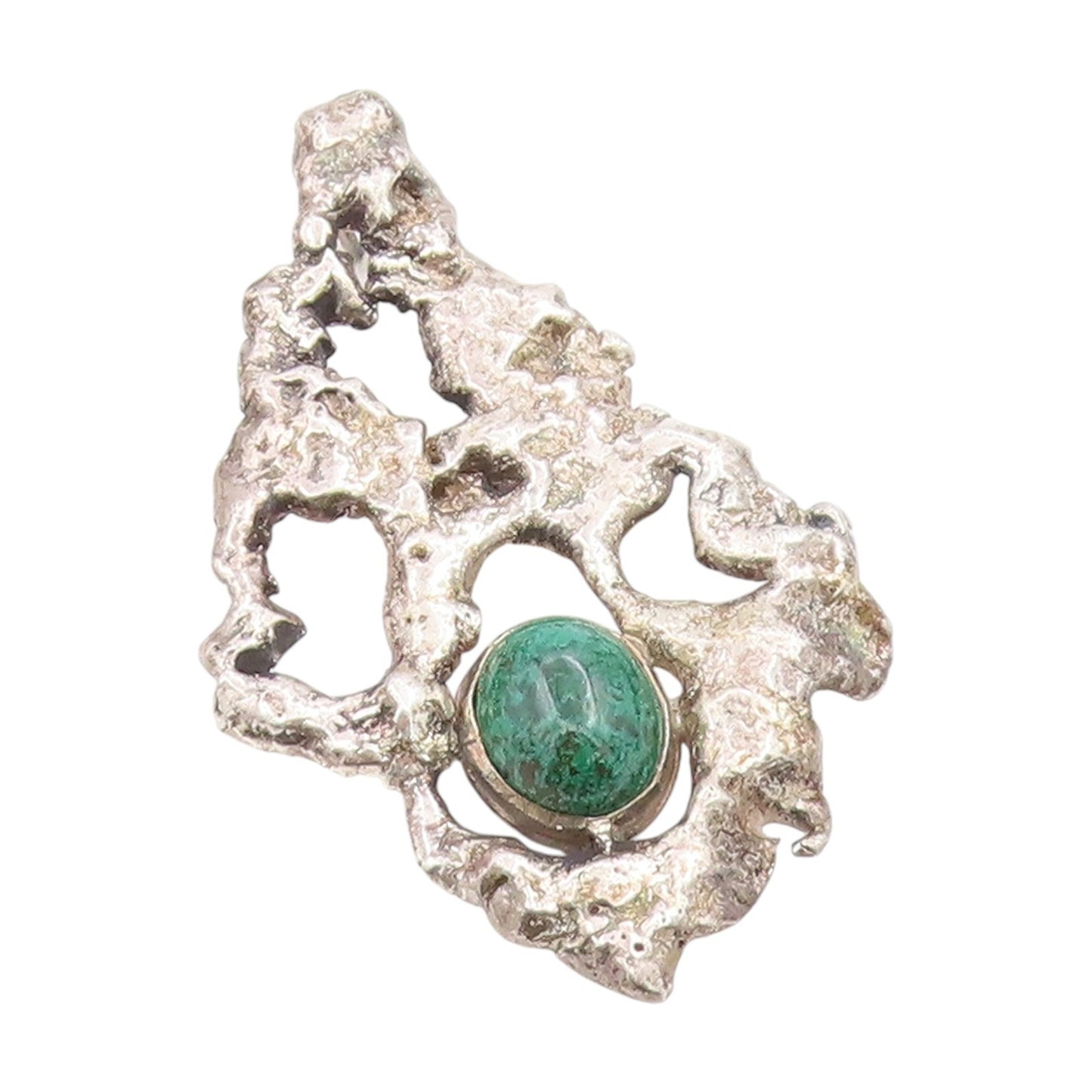 925 Sterling Silver Vintage Pendant Cabochon Malachite Brutalist Locket  PT25447