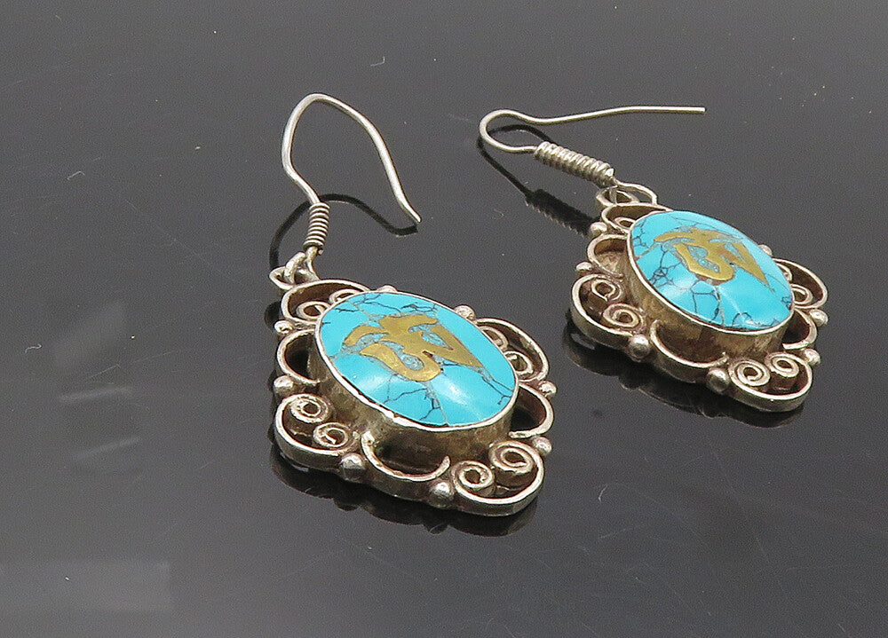 925 Sterling Silver  Vintage Turquoise Om Spiritual Symbol Earrings  EG5115