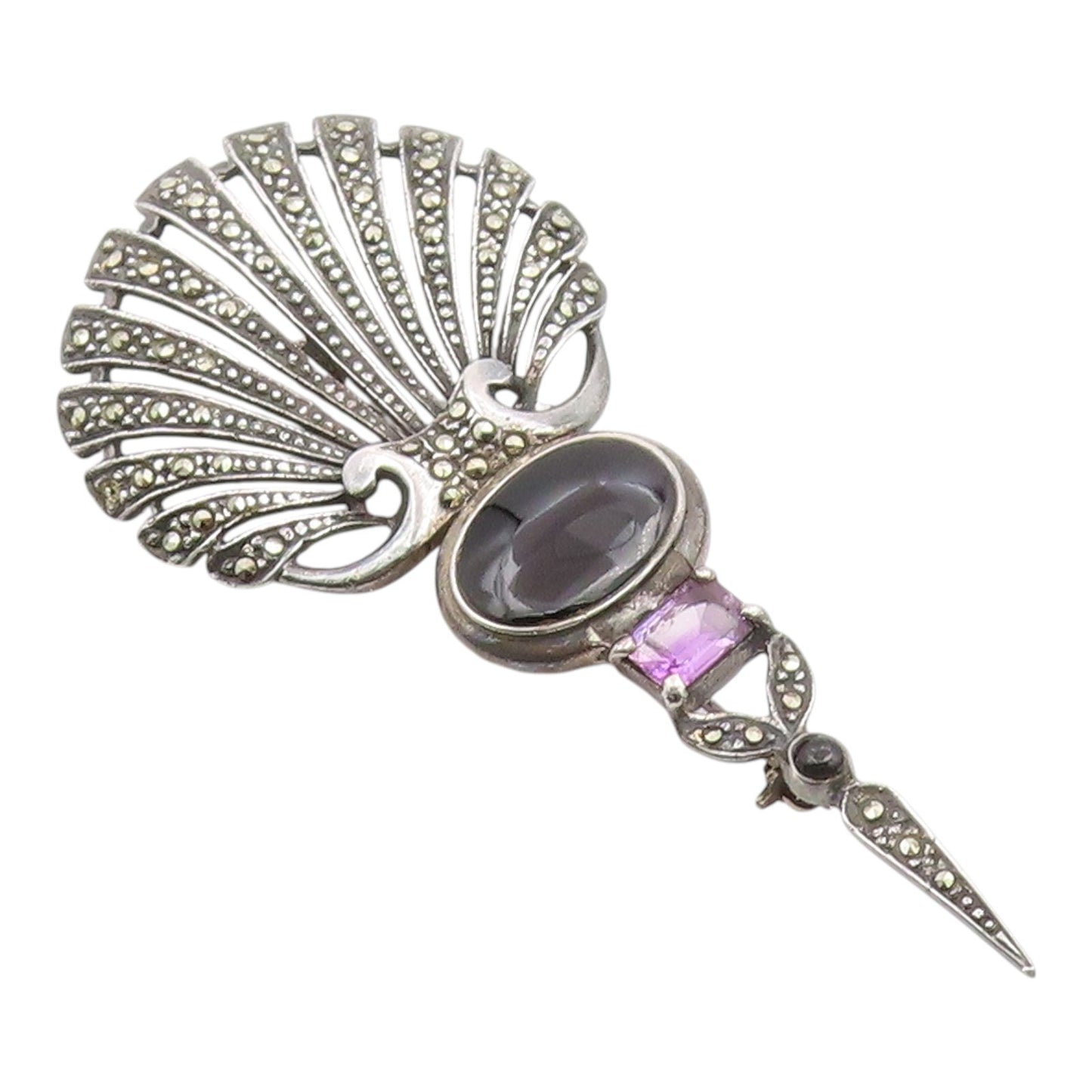 925 Sterling Silver Vintage Brooch Pin Multi Gemstone Shell Shaped Motif BP12447