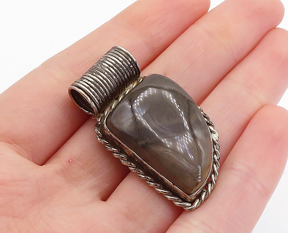 925 Sterling Silver Vintage Cabochon Agate Twist Border Slide Pendant PT4285