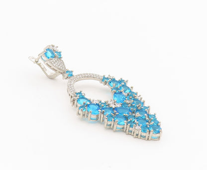 925 Sterling Silver Vintage Earrings Blue Topaz & CZ Cluster Clip On  EG13855