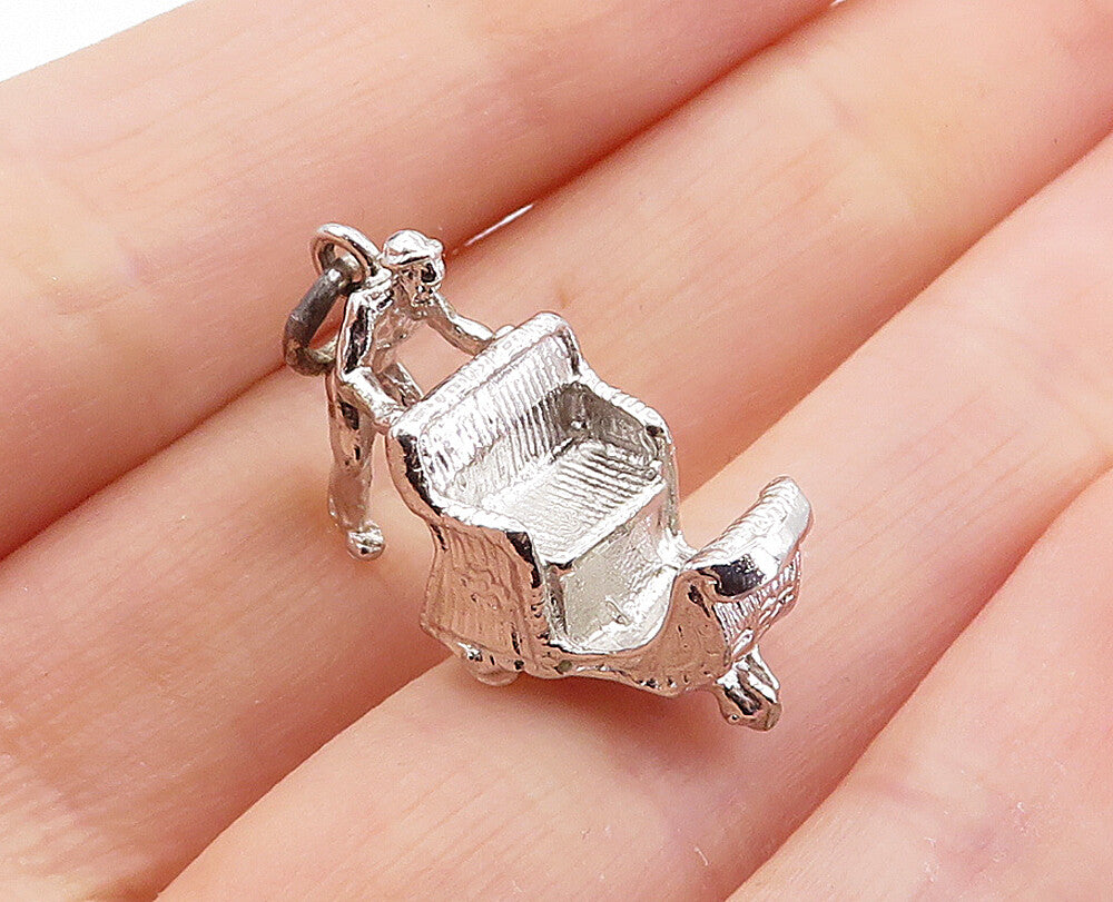 925 Sterling Silver  Vintage Shiny Man Pushing Carriage Drop Pendant  PT4759