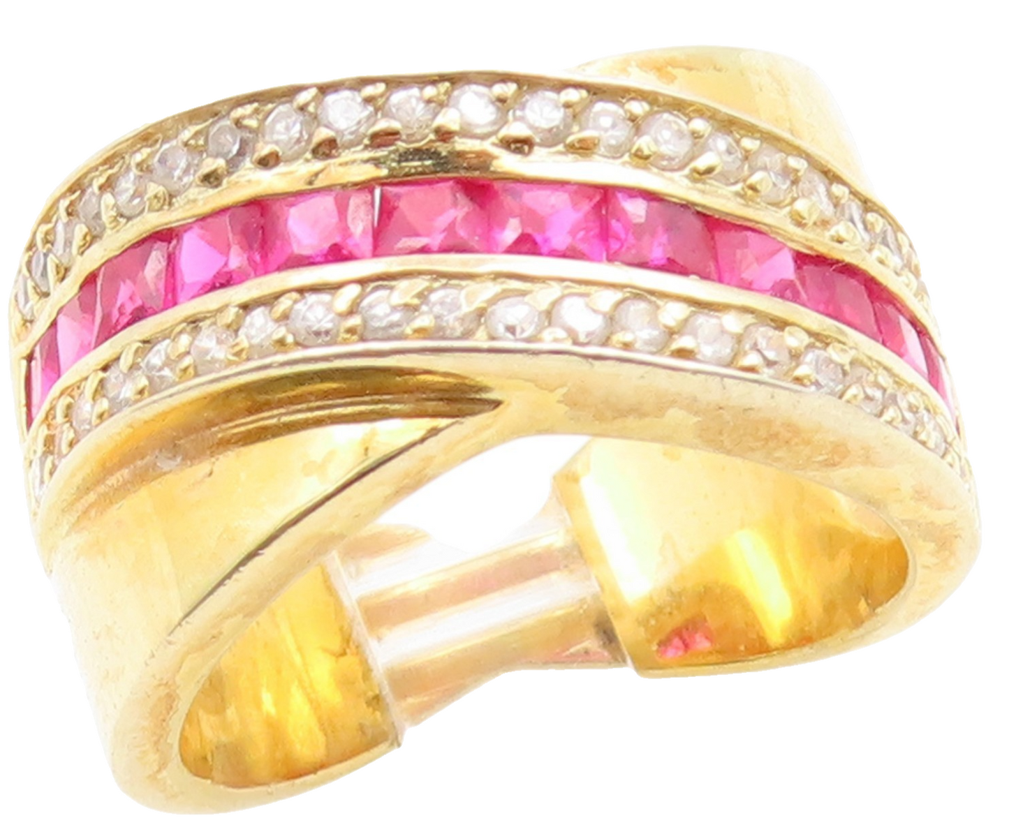 925 Sterling Silver Vintage Ring Gold Plated Ruby & Topaz Crossover Sz 7 RG35988