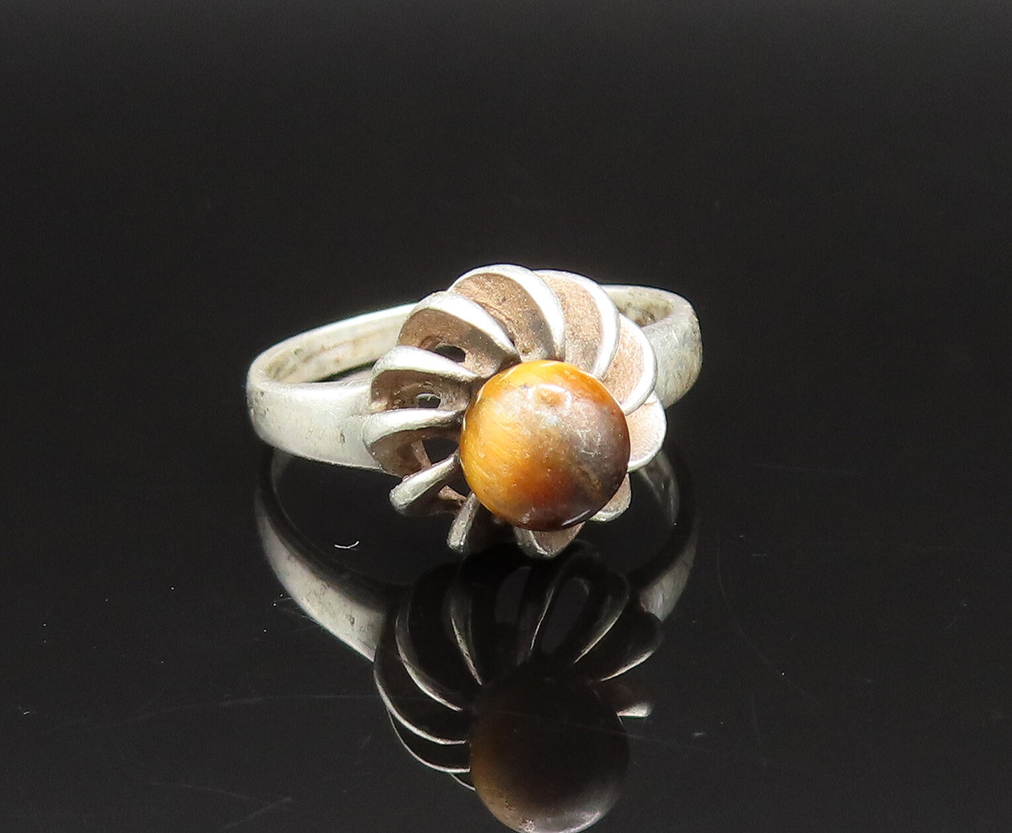 925 Sterling Silver  Vintage Floral Tiger's Eye Ring Sz 6.5  RG25485