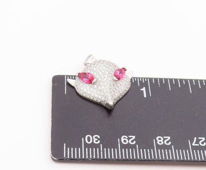 925 Sterling Silver Vintage Pendant Pink Topaz & CZ Sparkling Fox Head  PT26588
