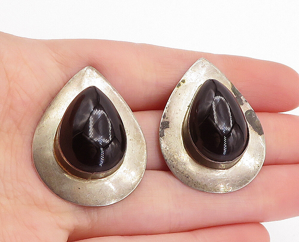 MEXICO 925 Sterling Silver  Vintage Black Onyx Tear Drop Earrings  EG2372