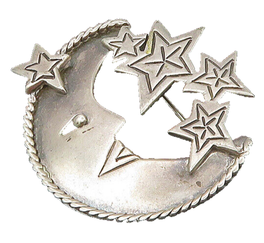 MEXICO 925 Sterling Silver  Vintage Crescent Moon & Stars Brooch Pin  BP6738