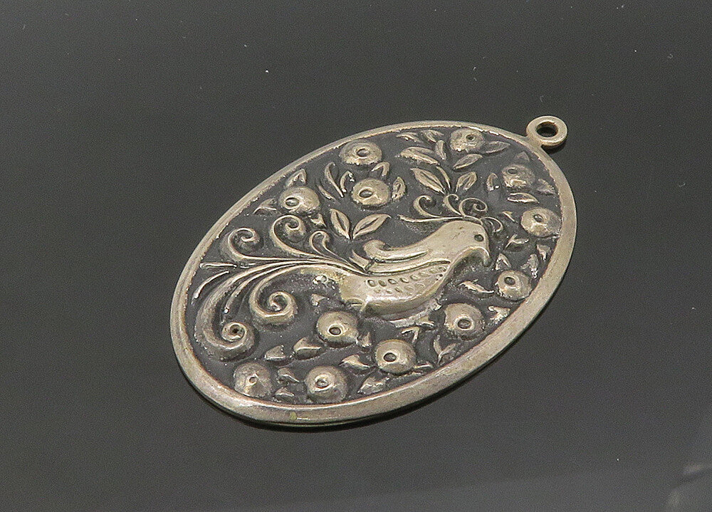 INTERNATIONAL 925 Silver Vintage Oxidized Floral Bird Scene Pendant PT17185