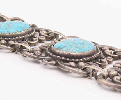 925 Sterling Silver Vintage Bracelet DANECRAFT Oval Turquoise Wide Link  BT11859