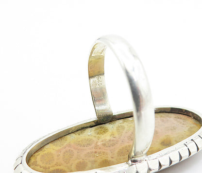 925 Sterling Silver Fossilized Coral Oval Cocktail Ring Sz 8.5  RG8005