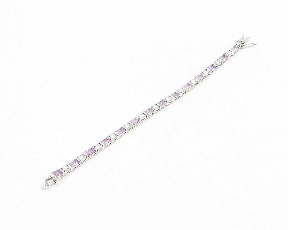 925 Sterling Silver  Shiny Cubic Zirconia & Amethyst Chain Bracelet  BT7008
