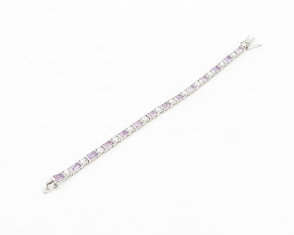 925 Sterling Silver  Shiny Cubic Zirconia & Amethyst Chain Bracelet  BT7008