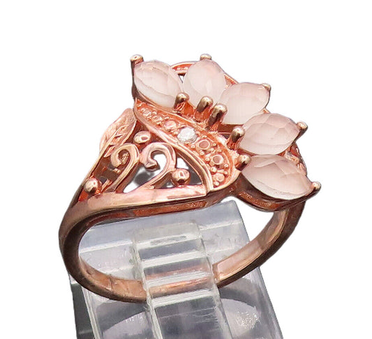 925 Silver  Vintage Swirly Carved Diamonds Quartz Leaf Ring Sz 8  RG26946
