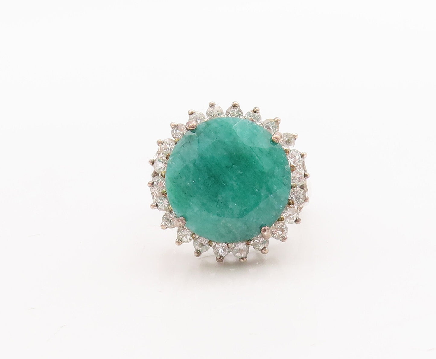 925 Sterling Silver Vintage Ring Round Green Gemstone Halo Topaz  Sz 7  RG29272