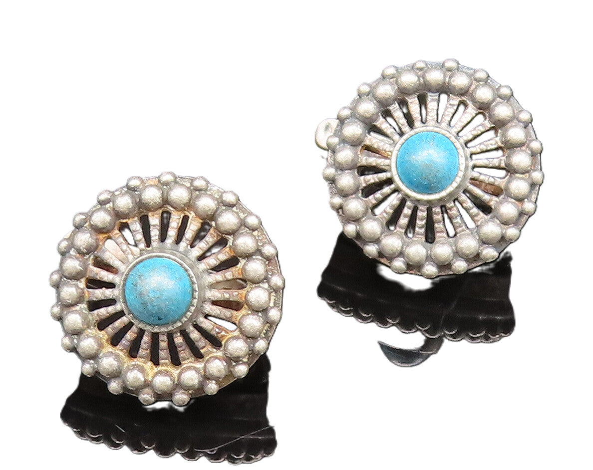 EUROPEAN 925 Silver  Vintage Beaded Edge Chrysocolla Wheel Earrings  EG12294