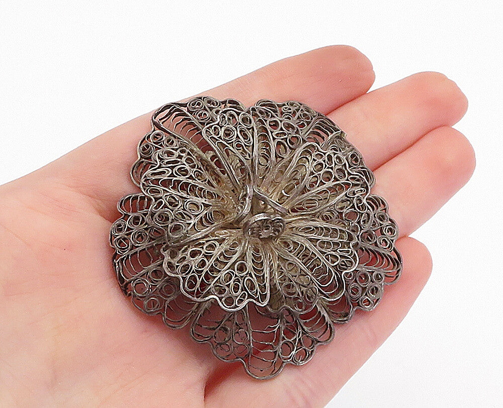 925 Sterling Silver  Vintage Antique Dark Tone Filigree Brooch Pin  BP1129