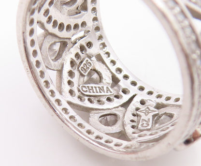 925 Sterling Silver Vintage Ring CZ Intricate Openwork Wide Band  Sz 7  RG34733