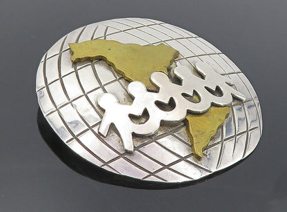 MEXICO 925 Sterling Silver  Vintage Two Tone World Unity Brooch Pin  BP3148