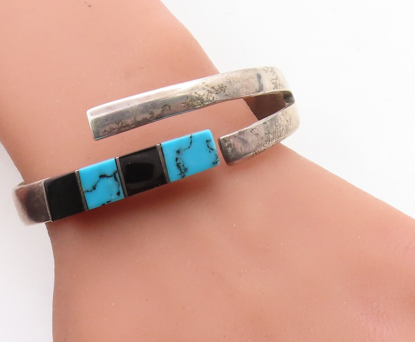 MEXICO 925 Silver  Vintage Turquoise & Black Onyx Bangle Bracelet  BT2007