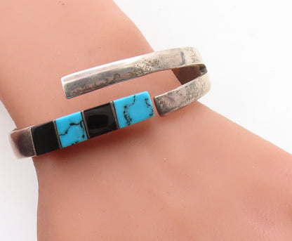 MEXICO 925 Silver  Vintage Turquoise & Black Onyx Bangle Bracelet  BT2007