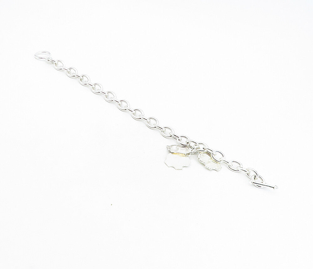 925 Sterling Silver  Shiny Etched Women's Head Charm Chain Bracelet  BT3912