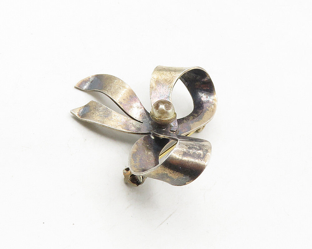 925 Sterling Silver  Vintage Petite Pearl Bow Tied Ribbon Brooch Pin  BP3730