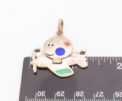 925 Sterling Silver Vintage Pendant Enameled Smiling Sun On Aeroplan  PT23130