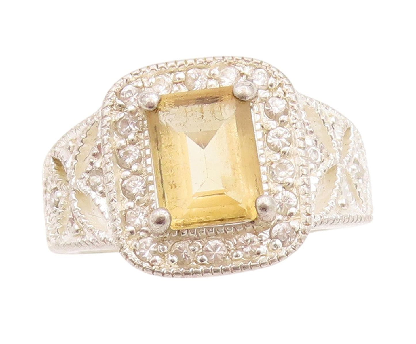 925 Sterling Silver Vintage Ring Rectangle Cut Citrine Halo CZ  Sz 7  RG33226