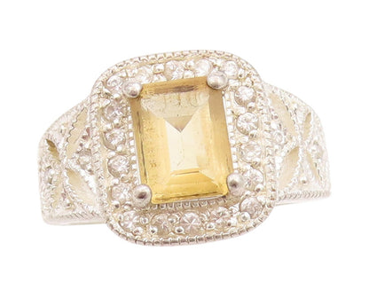 925 Sterling Silver Vintage Ring Rectangle Cut Citrine Halo CZ  Sz 7  RG33226