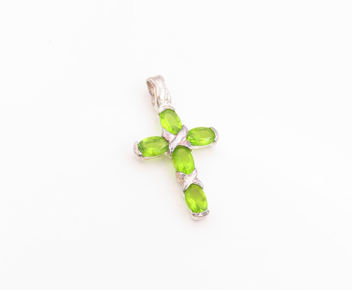 925 Sterling Silver Vintage Pendant Green Peridot Religious Cross Charm  PT24864