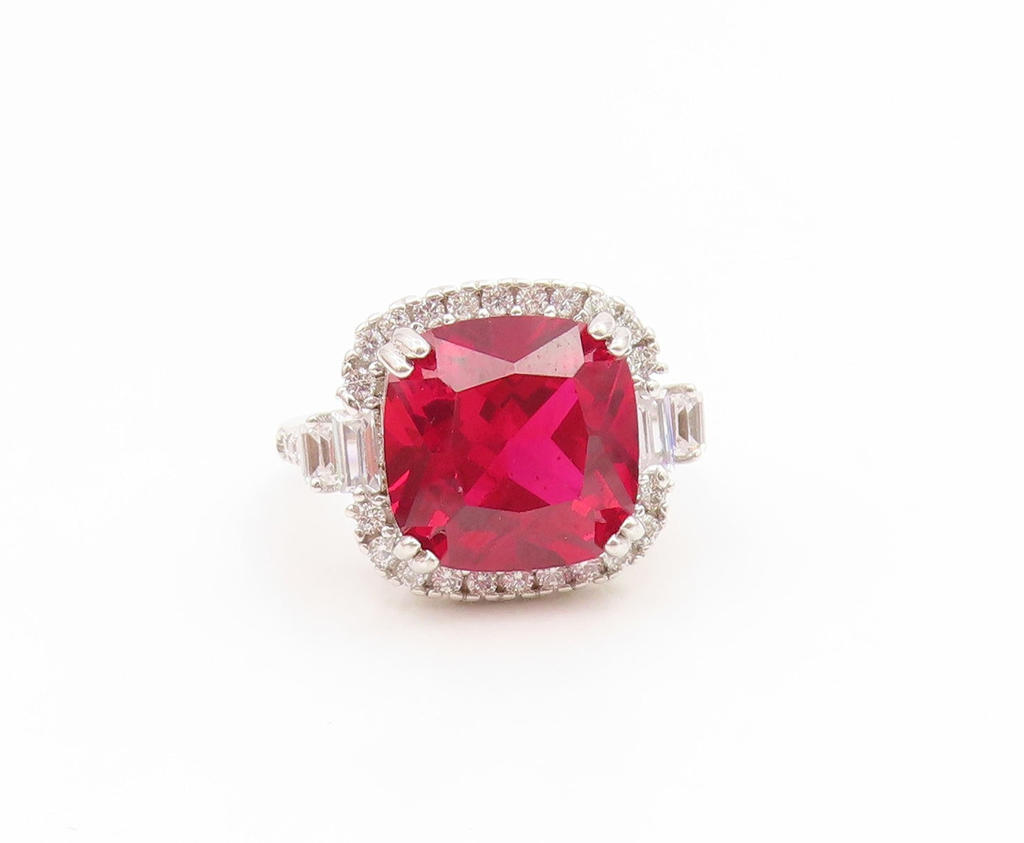 925 Sterling Silver Vintage Ring Elegant Ruby & Halo CZ Band  Sz 6.5  RG35062