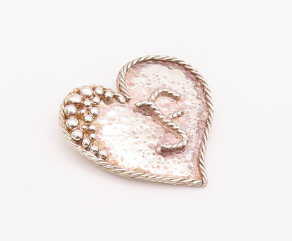 925 Sterling Silver Vintage Pendant Beaded Roped Carved F Love Heart  PT22964