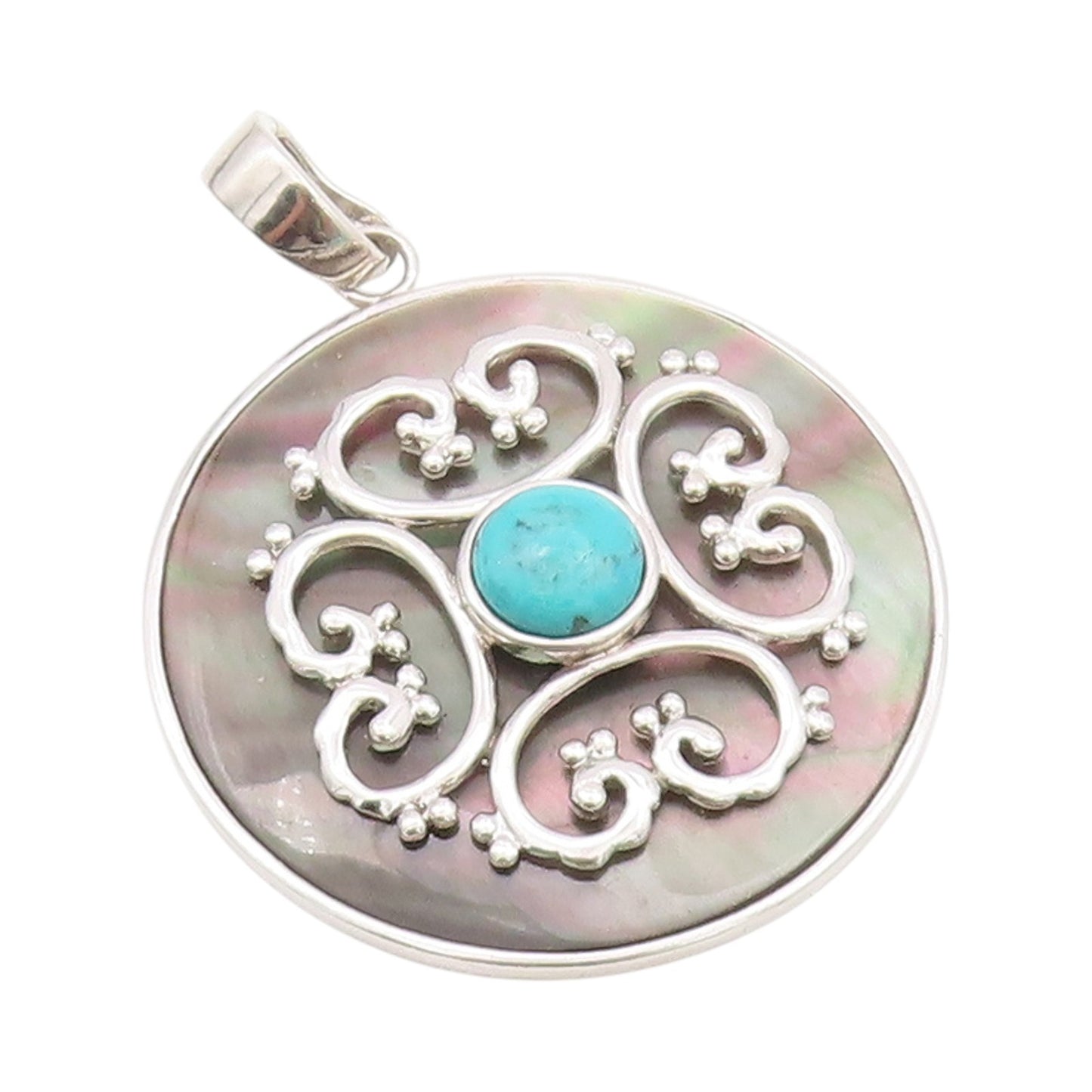 925 Sterling Silver Vintage Pendant Turquoise Carved Abalone Disk  PT24321