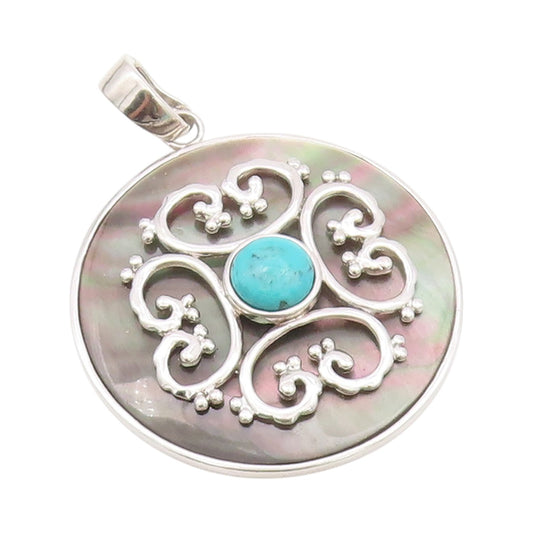 925 Sterling Silver Vintage Pendant Turquoise Carved Abalone Disk  PT24321