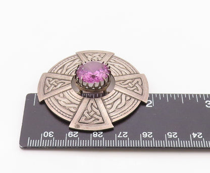 925 Sterling Silver Vintage Brooch Pin Amethyst Celtic Knotwork Shield  BP12570