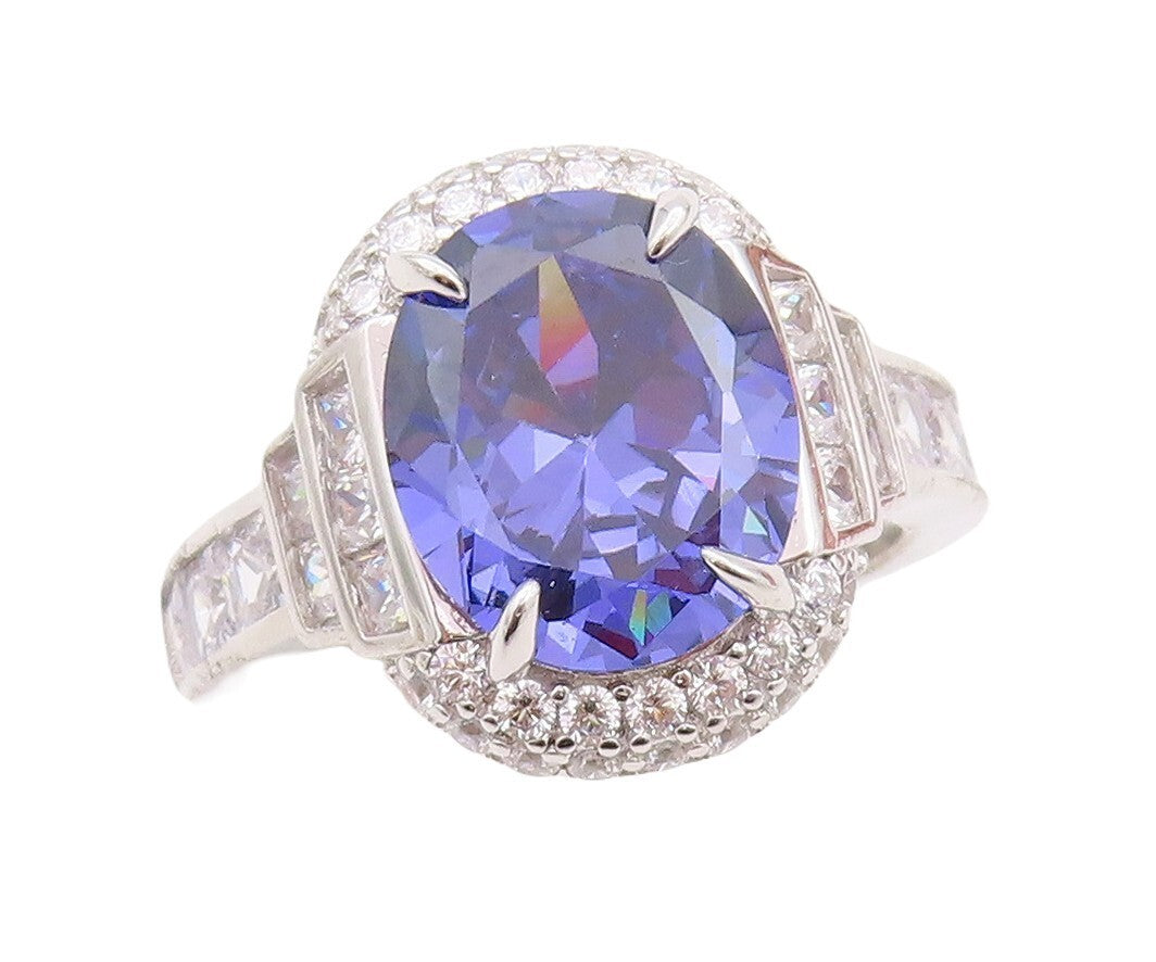 925 Sterling Silver Vintage Ring Designer Oval Sapphire Halo CZ  Sz 7.5  RG30052