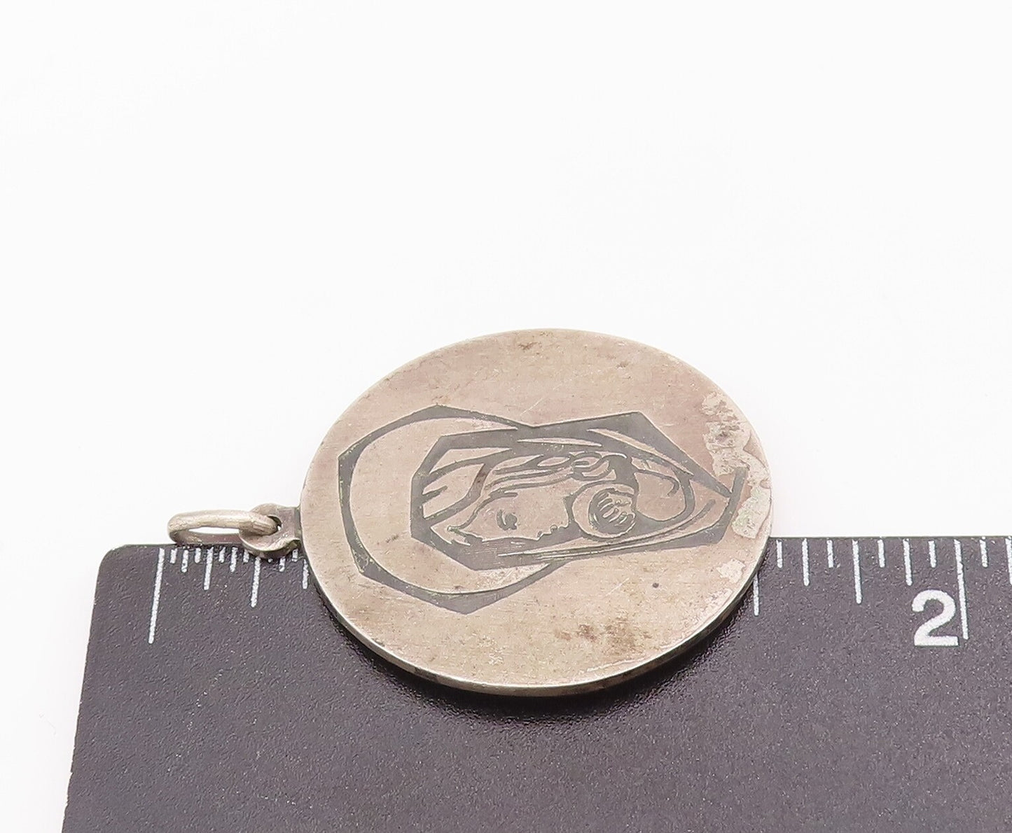 925 Sterling Silver Vintage Pendant Religious Carved Mother Mary Coin  PT22967