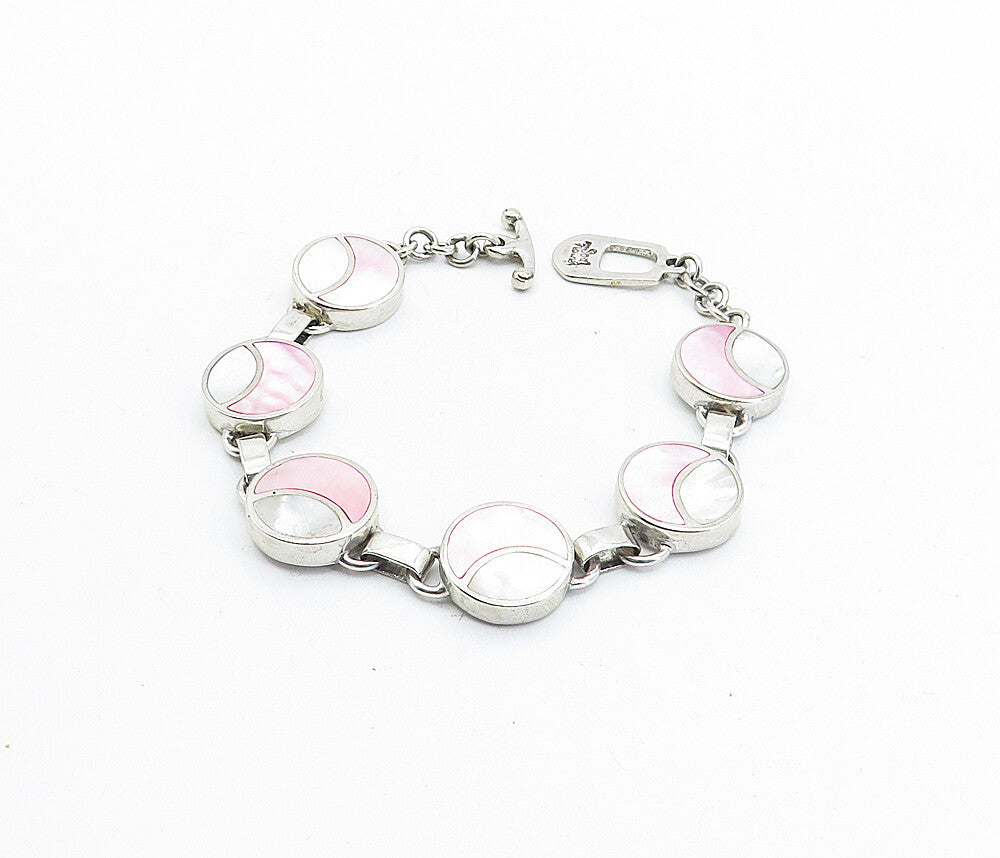 SOUL TOWER 925 Silver  Vintage Inlaid Mother Of Pearl Chain Bracelet  BT1505