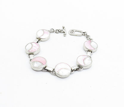 SOUL TOWER 925 Silver  Vintage Inlaid Mother Of Pearl Chain Bracelet  BT1505