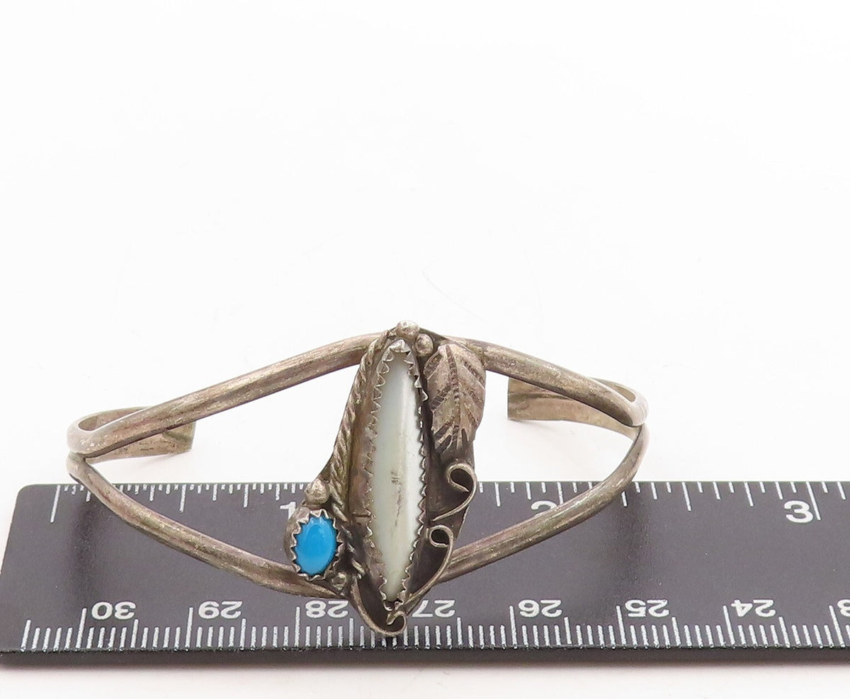 925 Sterling Silver Vintage Bracelet NAVAJO Mother Of Pearls Turquoise  BT10961
