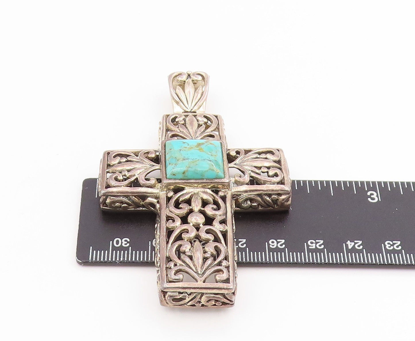 925 Sterling Silver Vintage Pendant Turquoise Large Open Floral Cross  PT25693